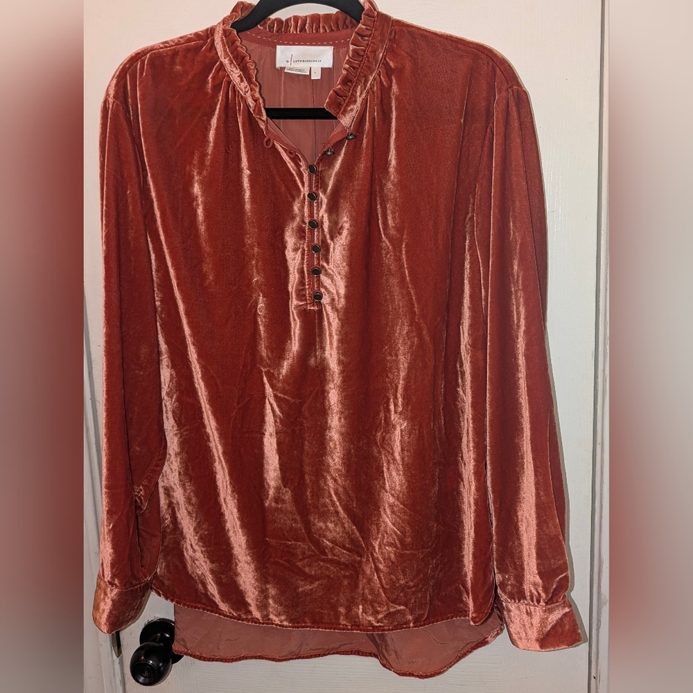 Anthropologie Burnt Orange Velvet Long Sleeve Blouse - Picture 4 of 5